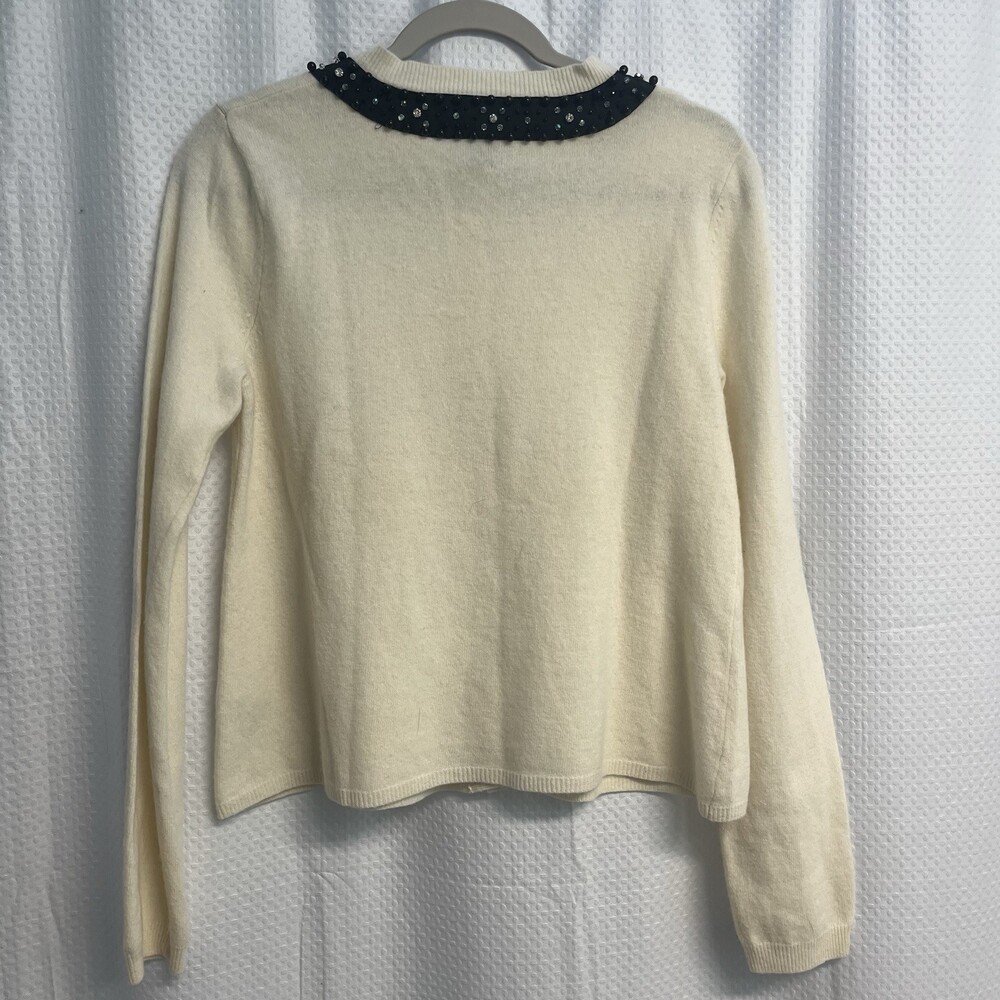 DKNY Wool Cashmere Blend Ivory Cardigan W/ Black Bead Rhinestone Collar Trim - Picture 8 of 9